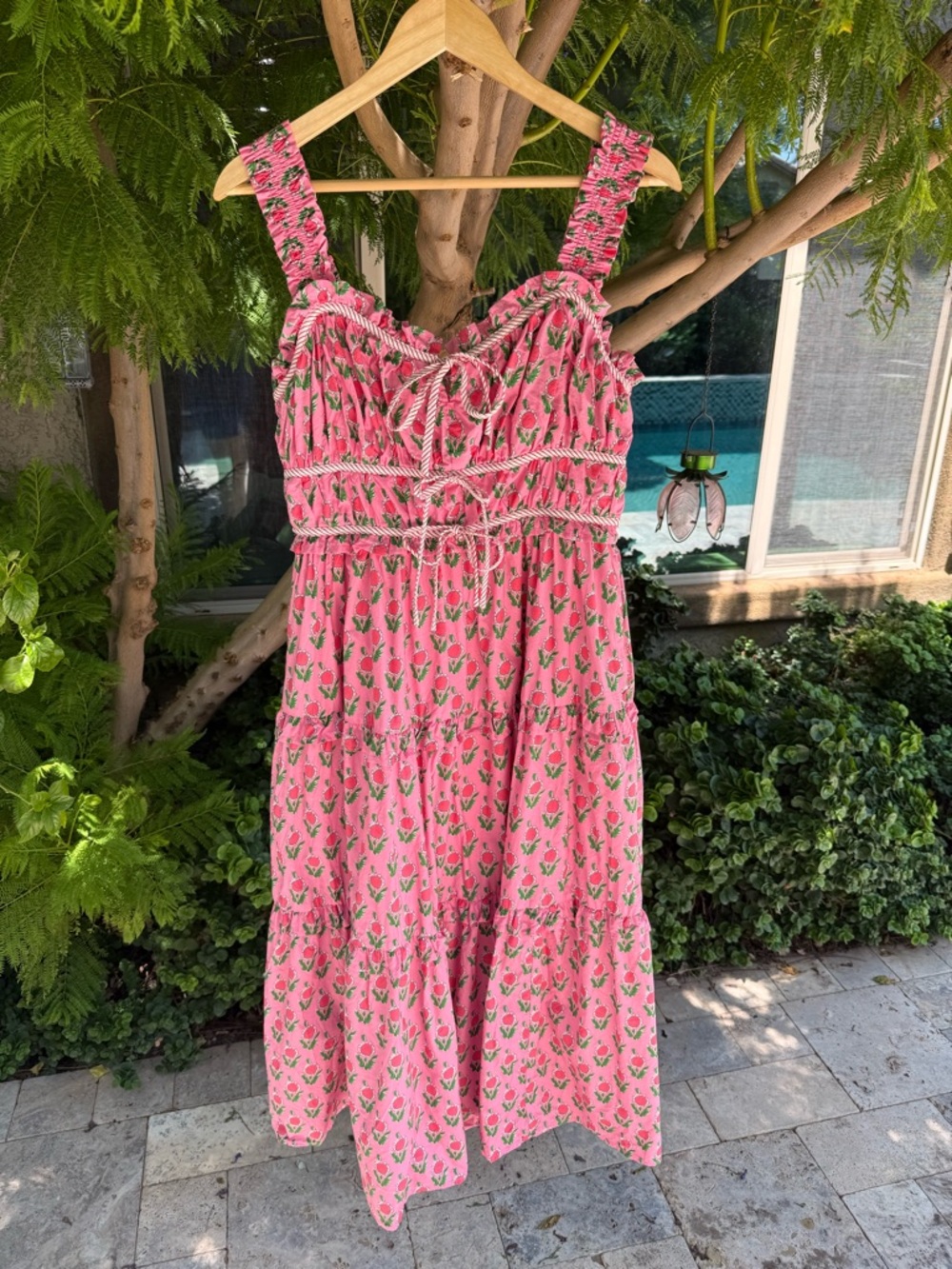 Entro Pink Floral Cotton Midi Dress Tie Bust Pockets Size L